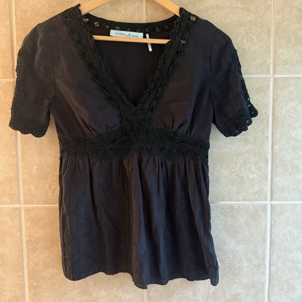 Guess by Marciano Cotton & Silk Babydoll Top Size Small Black Going Out Shirt - Picture 10 of 11